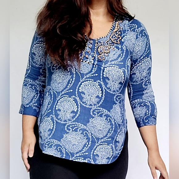 Lucky Brand Women's Boho Blouse Cotton/Rayon Beaded Blue/White Small - Picture 13 of 16